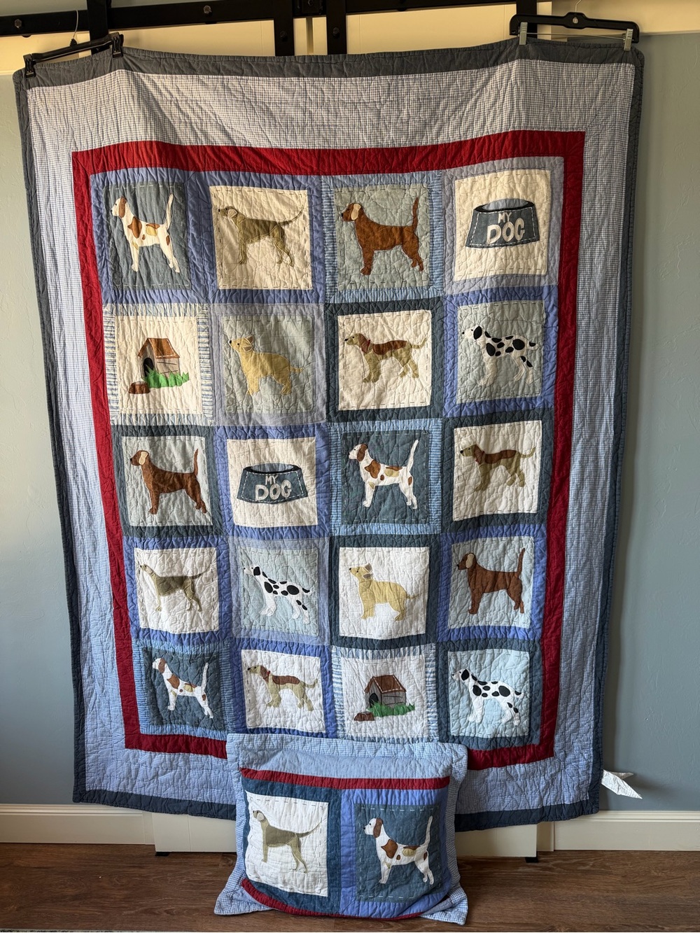 Blue and Red Dog Patchwork Quilt - Pet-Themed Throw